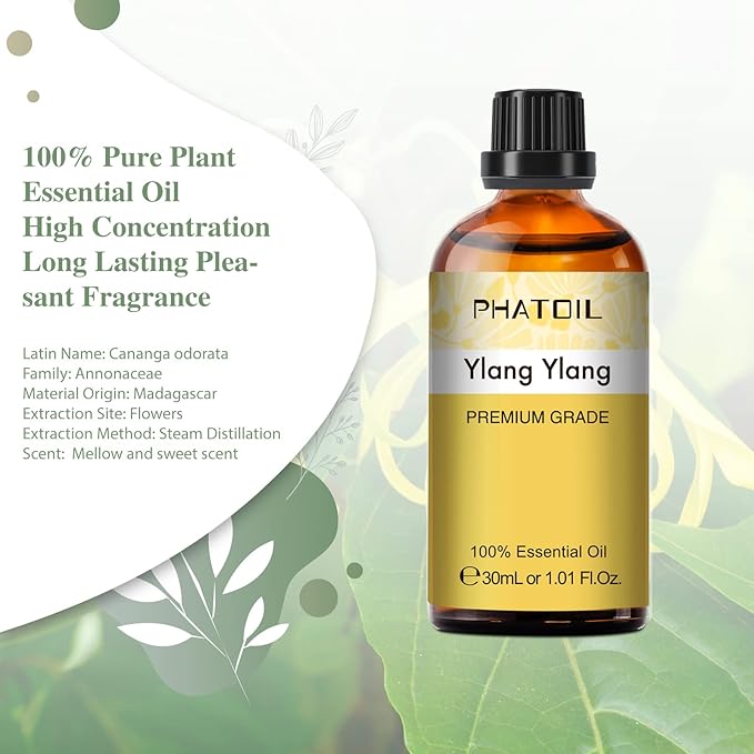 Ylang Ylang Essential Oil 1.01fl.oz/30ml, PHATOIL Premium Ylang Ylang Oils Long Lasting Scents for Aromatherapy, Diffuser, DIY Soap and Candle Making PHATOIL