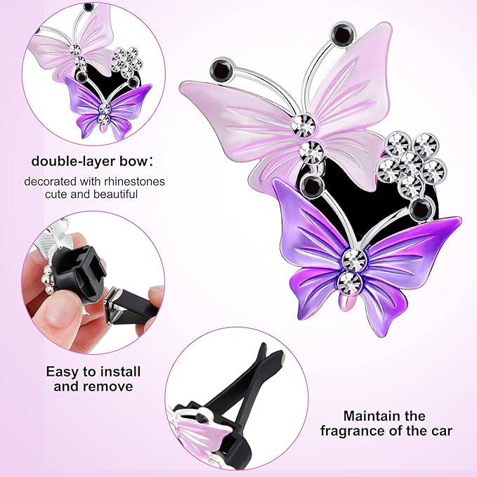 4 Pieces Car Aromatherapy Vent Clips Dual Butterfly Car Air Vent Freshener Perfume Clip Aroma Diffuser Decoration (Pink, Purple) - Bloomnest