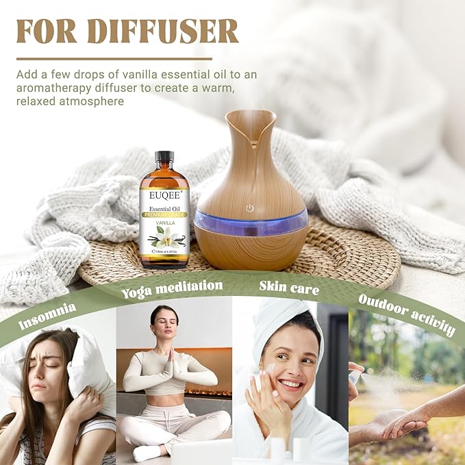 EUQEE 118ml Vanilla Essential Oil, Pure Vanilla Fragrance Essential Oil for Diffuser, Massage, DIY Soap,Candle Making, Skin & Hair Care - 4.0 Fl Oz EUQEE