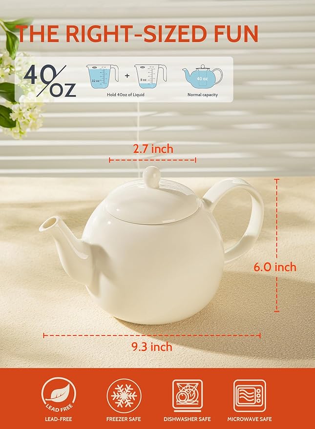 Sweese Porcelain Teapot, 40 Ounce Tea Pot - Large Enough for 5 Cups, White - Bloomnest