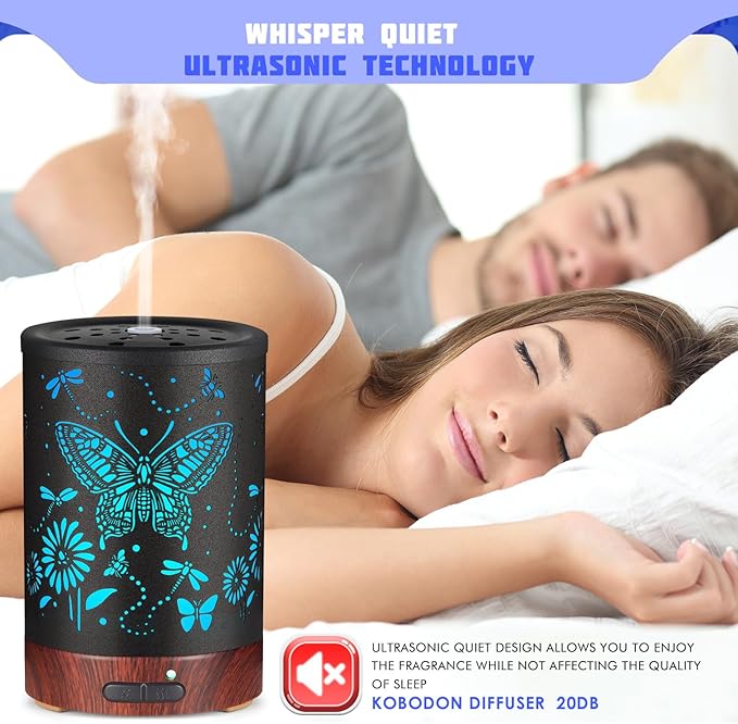 Metal Essential Oils Diffuser 150ML Christmas Aromatherapy Diffuser Cool Mist Humidifier with 7 Colors Lights Waterless Auto Off Air Diffusers as Gifts for Mom(Butterfly) - Bloomnest