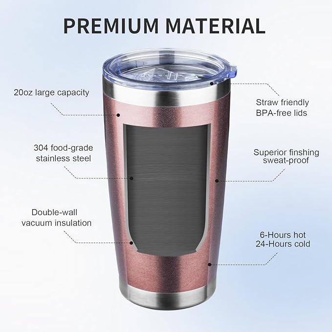20oz Tumbler with Lid and Straw Double Wall Powder Coated Vacuum Insulated Coffee Tumbler Stainless Steel Insulated Travel Coffee Mug Spill-Proof Thermal Cup for Hot and Cold Beverage,Rose Gold - Bloomnest