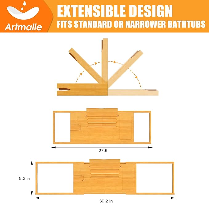 Artmalle Bathtub Caddy Tray for Tub, Expandable Bamboo Bath Table Tray with Book Stand for Home Spa Relaxing, Foldable Minimalist Bathroom Accessories for Women Men (Simple, Natural) (Natural) - Bloomnest