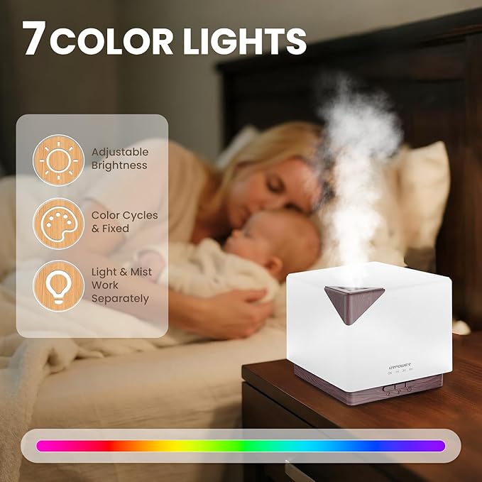 URPOWER 700ML Aromatherapy Essential Oil Diffuser, 700ml Large Ultrasonic Scent Diffusers Humidifier with Adjustable Mist Mode/4 Timer Settings/ 7 LED Light Colors for Home Office Study - Bloomnest