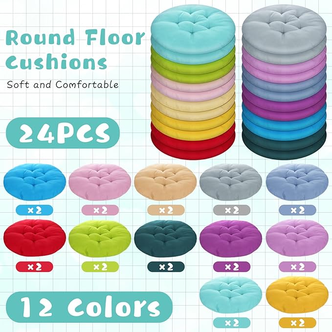 Tinideya 24 Pcs Round Floor Cushions Floor Pillows Meditation Seat Pillows Flexible Seating for Adults Kids, Chair Cushions for Classroom, Nursery, Living Room, Yoga(Medium 15.7 Inch,Multi Color) - Bloomnest