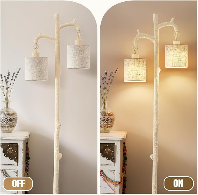 Floor Lamp for Living Room - 69" Rustic Farmhouse Tree Trunk Tall Lamp - Country Resin Vintage Reading Light with Linen Shade Standing Lamps for Bedroom Office Classroom Home Decor (Almond White) - Bloomnest