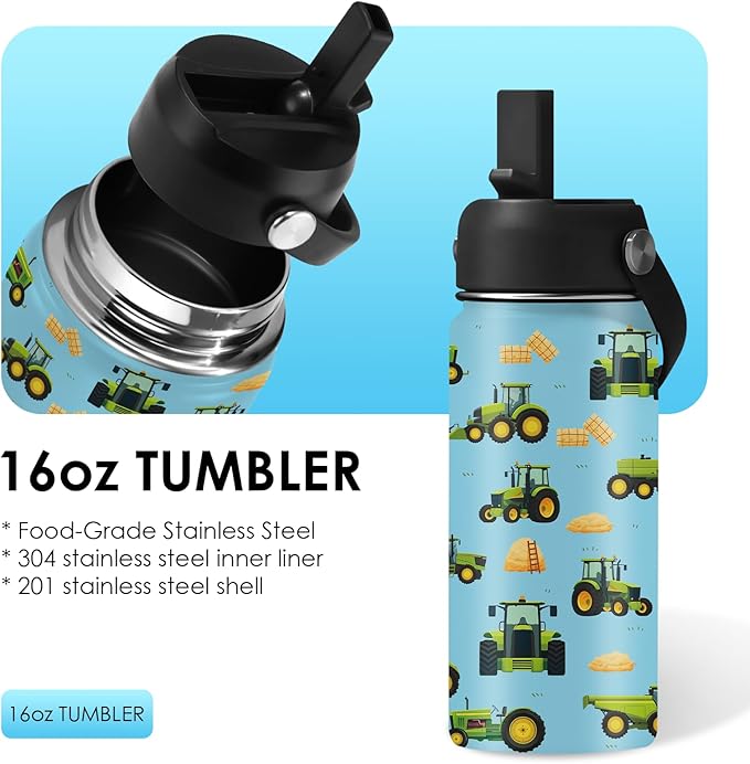 Car Gifts for Boy Girls - 16oz Kids Water Bottle with Straw, Tractor Stainless Steel Water Bottles Insulated, BPA-free, Leak-proof, Farm Tumbler, for School, Travel - Car Lovers Chlidren Gift Cup(1pc) - Bloomnest