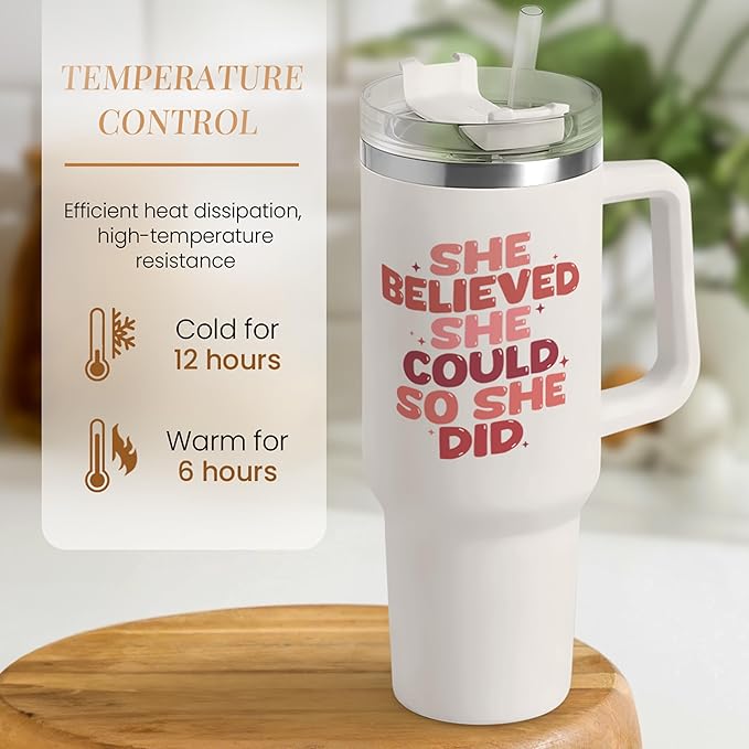 SANDJEST Graduation Gifts for Women She Believed She Could So She Did Tumbler 40oz Stainless Steel Insulated with Handle and Straw, New Job, Going Away, Inspirational Gifts for Her - Bloomnest