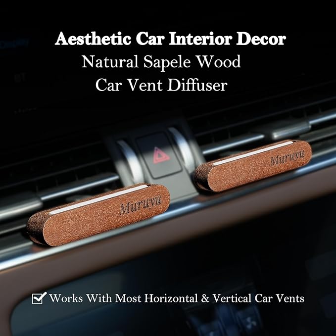 2-Pack Car Diffuser, Natural Sapele Wood Air Freshener Vent Clip for Essential Oils, Refillable Solid Wood Design (No Essential Oils) - Bloomnest