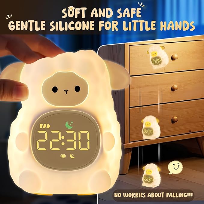 Sheep Alarm Clock with Night Light for Kids with Sleep Training and Sound Machine, Rechargeable Silicone Lamp OK to Wake Clock，Cute Animal Tabletop Lamp, Perfect Sleep Companion for Boys Girls, Khaki - Bloomnest