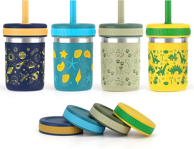 Sursip Toddler Kids Cups with Lids and Straws, Stainless Steel Toddler Spill Proof Sippy Cups for Smoothie & Snacks Drinking Jars, BPA-Free, Dishwasher Safe - 10 oz - Bloomnest