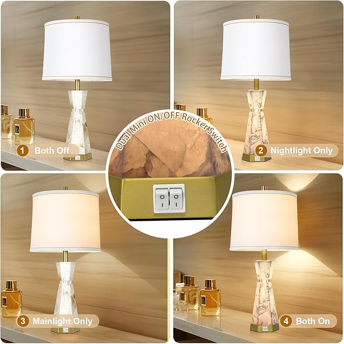 Natural Alabaster Table Lamp,Living Room Lamps Set of 2,Nightstand Lamp with Night Light,Lamps for Living Room With Linen Fabric Shade,Bedside Lamp with Usb A+C Ports for Bedroom,Hotel(Bulb Included) - Bloomnest