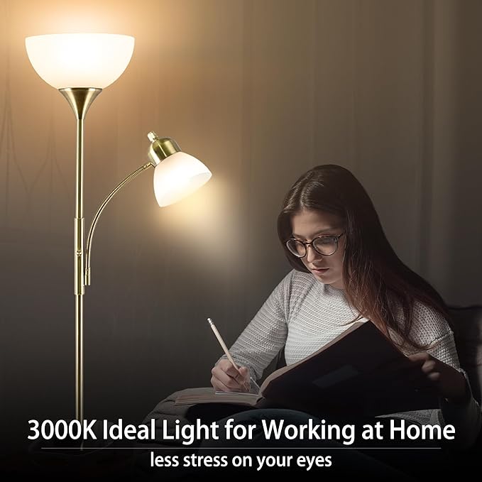Floor Lamp, Dimmable Standing lamp, Stepless Dimming Brightness, Included 9W and 5W LED Bulbs, Industrial Floor Lamp for Living Room, Bedroom, Office, Reading - Bloomnest
