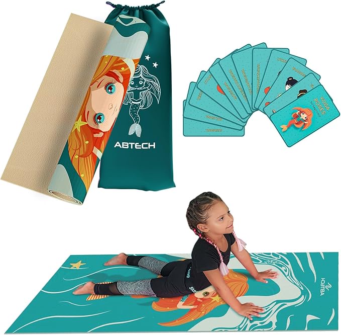 Kids Yoga Mat Set for Boys & Girls - Doll, Unicorn, Mermaid, Panda, Dinosaur and UnderWater - Chemical Free - Non-Toxic - Non-Slip - 60 X 24 X 0.2 Inches - w/ 12 Yoga Cards - Cute Carrier Bag - Ages 3-12 - Bloomnest