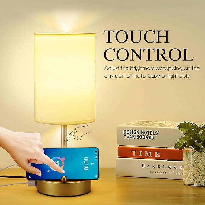 Briever Touch Control Table Lamp for Bedroom, 3-Way Dimmable Nightstand Lamp with USB Charging Ports, Bedside Desk Lamp with Gold Phone Stand & Round Linen Fabric Shade, Bulb Included - Bloomnest