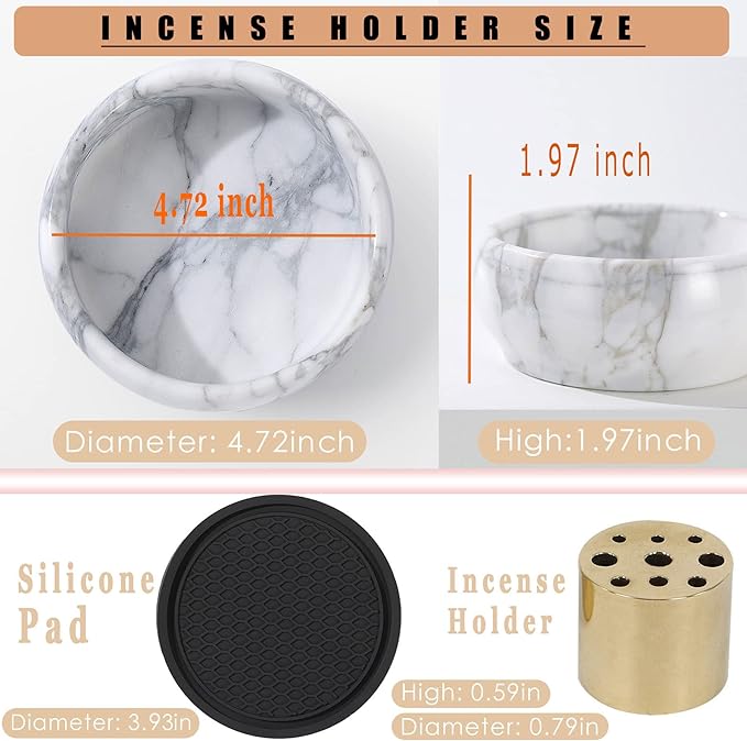 Marble Incense Holder, 9 Hole Burner for Meditation, Natural White & Grey Ash Grabber - Birthday Gift for Mom - Bloomnest