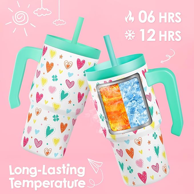 Heart Design Kid 20oz Tumbler with Handle and Silicone Straw Lid, Insulated Stainless Steel Cup, Gift for Kids Girls, Gifts Idea for Birthday Christmas Back to School - Bloomnest