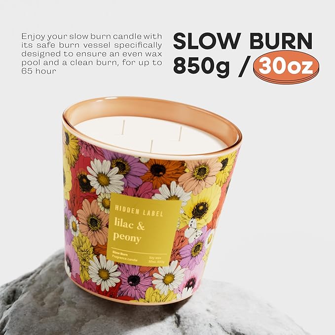 Hidden Label Lilac & Peony Scented Candle, 3 Wick Large Candles for Home, 30oz Natural Soy Candles for Home Scented,100 Hour Burn Time, Long Lasting Highly Scented Luxury Candle Gift - Bloomnest