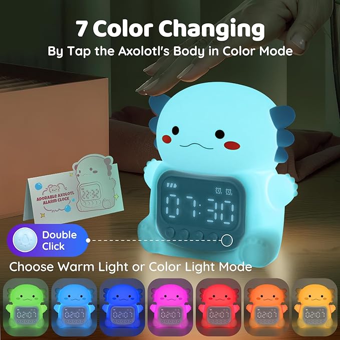 Axolotl Alarm Clock with Night Light for Kids, Rechargeable Silicone Lamp Time to Wake Clock Cute Animal Tabletop Lamp, Perfect Sleep Companion for Boys Girls, Blue - Bloomnest