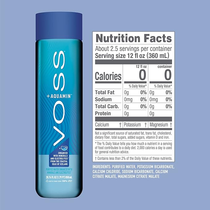 VOSS+ Aquamin Enhanced Water - Pack of 12 Bottles, 850ml Each - Purified Hydrating Water - 74 Trace Minerals & Electrolytes - Perfect for Active Lifestyles, at the Gym & on Hot Days - Recycled PET Bottle - Bloomnest