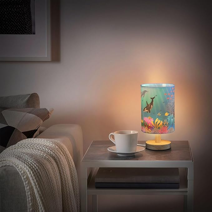 Table Lamp Cartoon Dolphin Killer Whale Sea Fish Coral Underwater in Ocean Nightstand Lamp with Wood Base Fabric Lamp Shade Bedside Desk Lamp for Living Room Bedroom Kids Room Office - Bloomnest