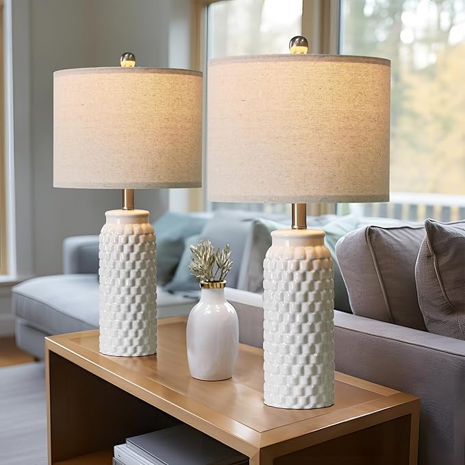 24" Modern Ceramic White Bedside Lamp Set of 2 Table Lamp for Bedroom Decor Farmhouse Table Lamp for Living Room Office Dorm - Bloomnest