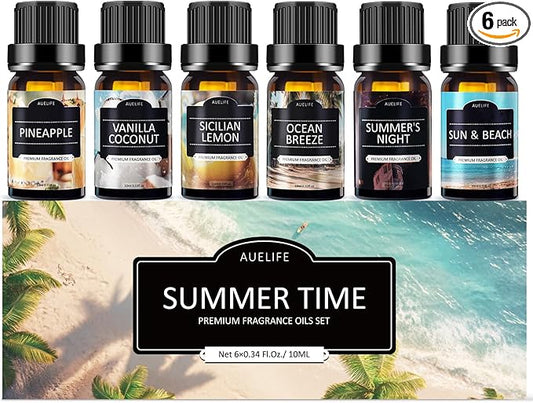 Summer Essential Oils Set | Top 6 Tropical Blends for Diffusers, Candle Scents, Aromatherapy Fragrance Oil - Coconut, Pineapple, Beach, Breeze, Lemon, Summer Night | Gift Set for Women, Home, Spa - Bloomnest