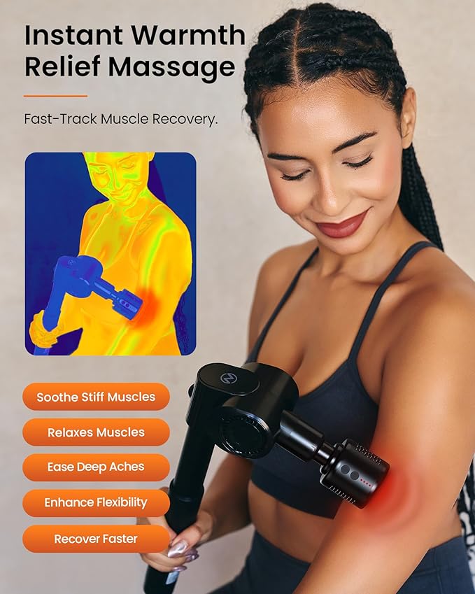 NAPRE Massage Gun with Heat and Cold Head,Deep Tissue Percussion Back Massager for Muscle/Neck/Body Pain Relief with Long Extension Retractable Handle,32-Speeds,Foldable with 5 Adjustable Angles - Bloomnest