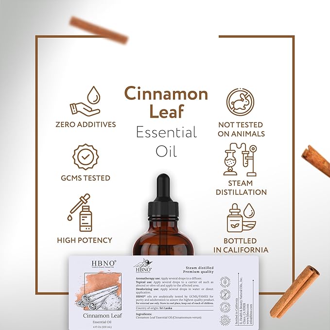 HBNO California Bottled Cinnamon Essential Oil (Leaf) 4 fl oz (120ml) - Natural Cinnamon Essential Oil for Diffuser - Perfect for Cleaning, Aromatherapy, DIY, Soap & Diffuser - - Bloomnest