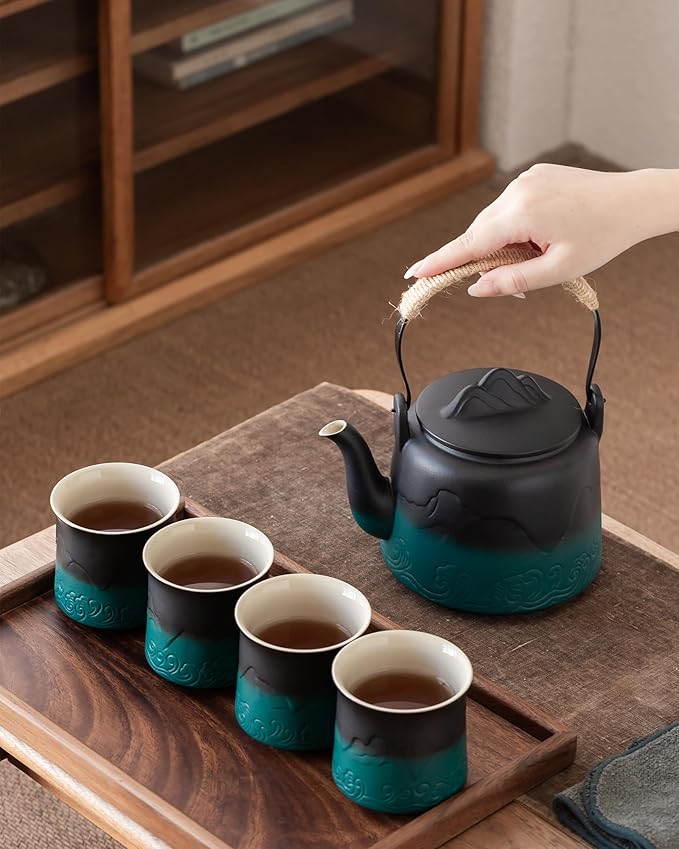 ZENS Vintage Japanese Tea Set, Gradient Embossed Ceramic Japanese Teapot with 4 Teacups, Hemp Rope Handle 33.8 oz Loose Leaf Teapot with Built-in Strainer for Tea Steeper Gifts, Black & Green - Bloomnest