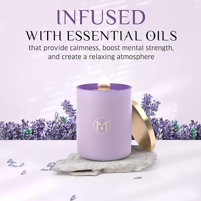 MyrrhUSA Lavender Blossom Scented Candle – 15oz Natural Soy Wax with Crackling Wooden Wick & Essential Oil, 80 Hour Burn | Luxury Aromatherapy Candle for Relaxation, Home Décor, Living Room & Bathroom - Bloomnest