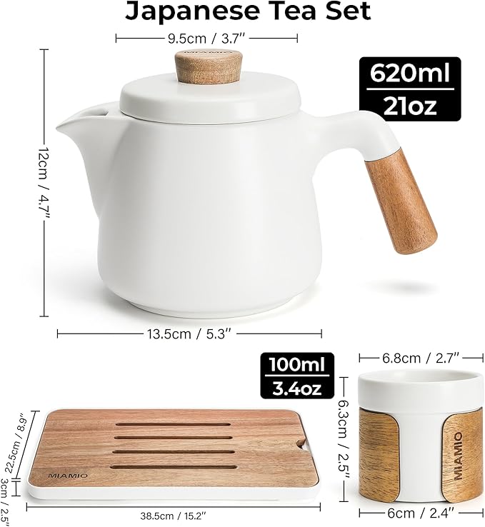 MIAMIO - Japanese/Chinese Tea Set 6 x 3.4 oz/Asian Tea Pot 21 oz with Tea Infuser, Traditional Japanese Tea Cups Set for Tea Lovers/Men/Women (White) - Bloomnest