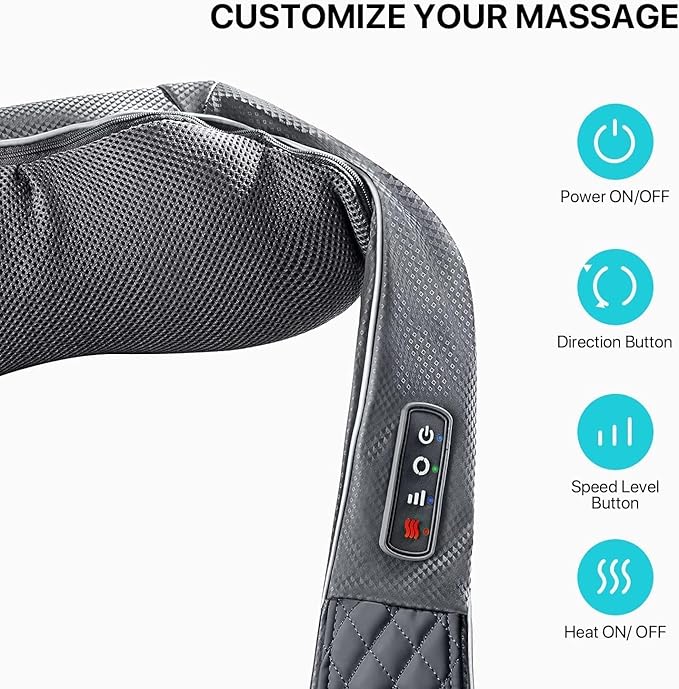 Cordless Shiatsu Neck Massager with Heat – Rechargeable Massager for Neck and Shoulder Pain with 8 Deep Kneading Nodes, Back Massager for Home Office Outdoor - Christmas Gifts for Mom Dad Men Women - Bloomnest
