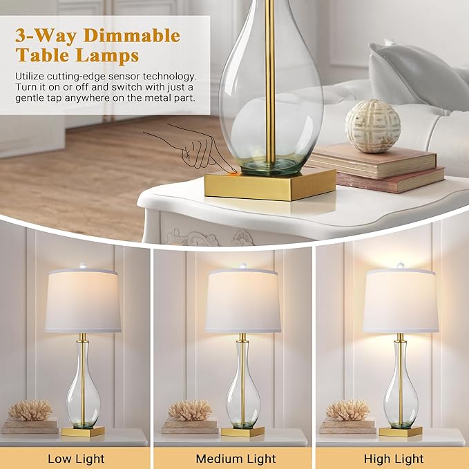 WIHTU Table Lamps Set of 2 with Touch Control, 27" Bedside Desk Lamps for Nightstand Decorations, 3-Way Dimmable Modern Glass Table lamp with USB C and A Charging Ports, Gold (LED Bulbs Included) - Bloomnest