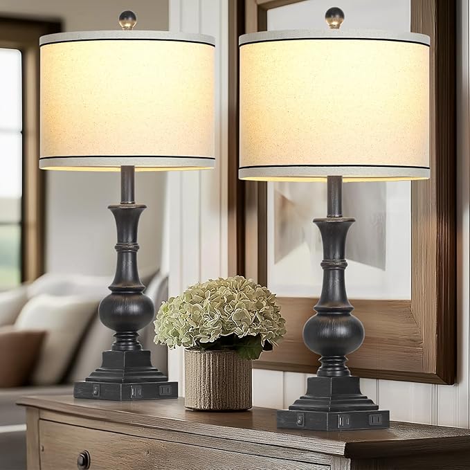 Farmhouse Lamps Set of 2, Vintage Rustic Black Table Lamps with USB A+C Fast Ports & AC Outlets, Traditional Nightstand Bedside Lamp for Living Room Bedrooms Home Office(2 LED Bulbs Included) - Bloomnest
