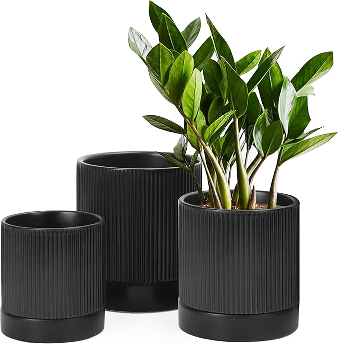 LaDoVita 3 Pack Ceramic Plant Pots 6/5/4 inch, Flowerpot for Indoor Plants with Drainage Holes and Tray, Outdoor Garden Planters, Modern Decorative for Home, Black Vertical Stripes - Bloomnest