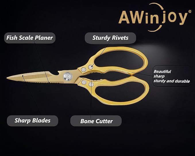 AWinjoy Japanese Gold Kitchen Scissors, Heavy Duty Stainless Steel, Multipurpose Cooking Shears, Dishwasher Safe - Bloomnest