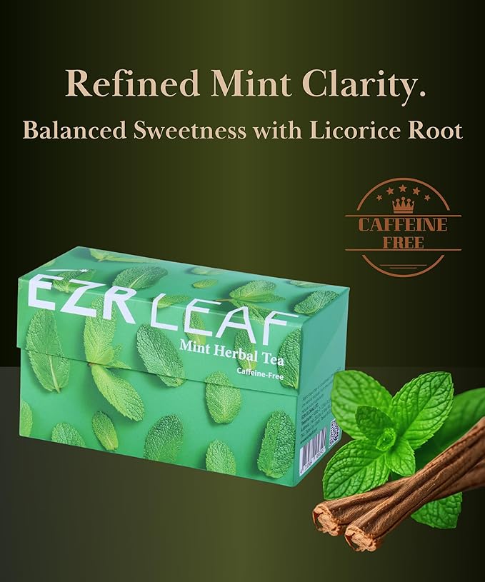 EZR Leaf Mint Herbal Tea, Caffeine Free Decaf, Pyramid Tea Bags 20 Counts 2.1 Once German Peppermint, Lemongrass, Licorice Blend for Relaxation, After-Meal, Bedtime - Bloomnest