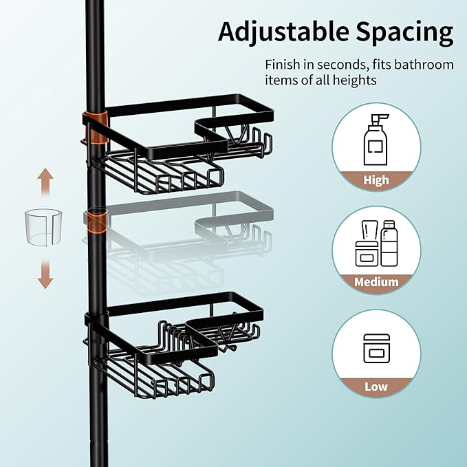 KEGII Shower Caddy Corner Tension Pole with Toothbrush Holder - Adjustable Corner Shower Organizer with Tooth Brush Holder, No Drilling Rustproof Bathroom Shelf Storage Rack, Fits 25-114.2 Inch - Bloomnest