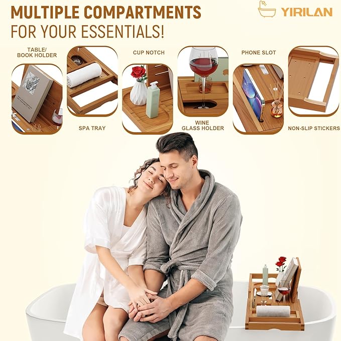 Yirilan Teak Bathtub Tray for Tub, Bath Table Tray for Tub Wood, Bathtub Caddy, Luxury Gift for House Warming, Wedding, Bridal Shower, Anniversary - Bloomnest