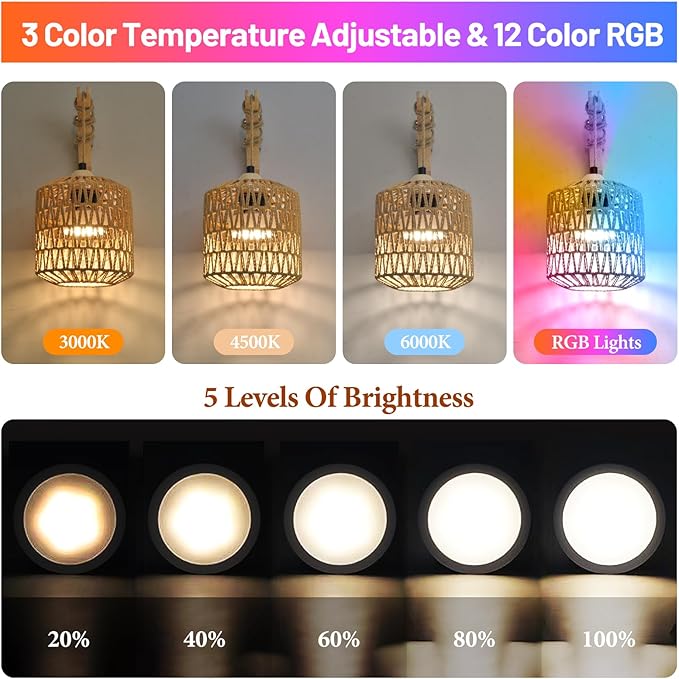 Battery Operated Wall Sconce Set of Two, Rechargeable Rattan Wall Sconces with Remote RGB 15 Colors Dimmable, Farmhouse Boho Wall Lights for Bedroom Living Room Entryway - Bloomnest