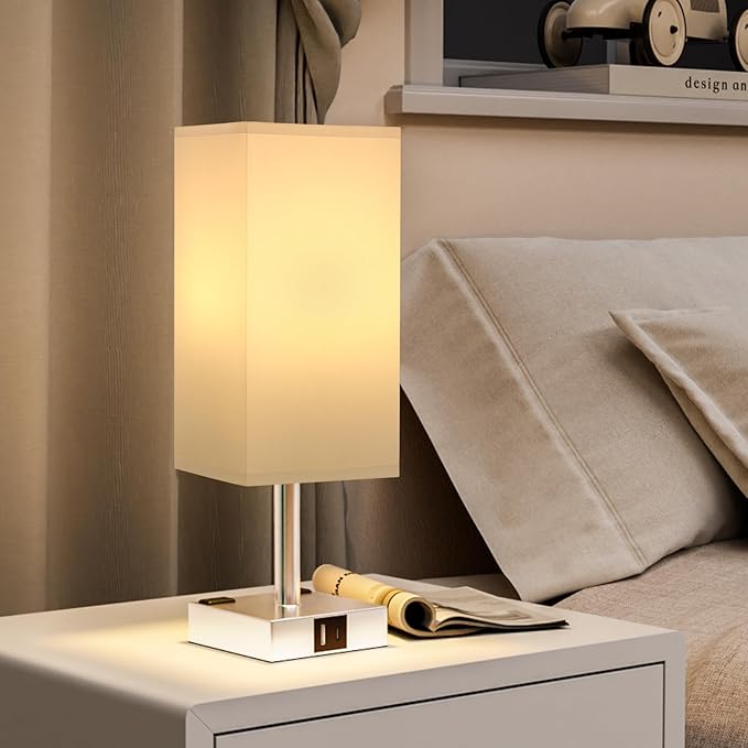 Touch Bedside Table Lamp for Nightstand - 3-Way Dimmable Night Lamp with USB A + Type C Charging Ports and Two AC Outlets, Small Desk Light with E26 LED Bulb for Bedroom Living Room Dorm Office,White - Bloomnest