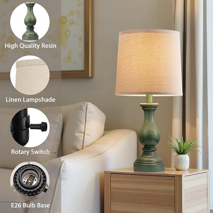 Seealle Farmhouse Table Lamps Set of 2 - Rustic Lamp for Bedroom Living Room, 22" Boho Bedside Lamps for Night Stands End Table Office Desk Lamp Nightstand with Linen Shades(Antique Green) - Bloomnest