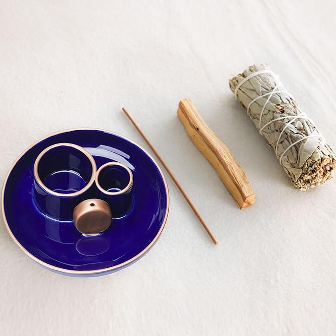 4 in 1 Incense Holder, Ceramic Incense Stick and Palo Santo Holder,Sage Holder for Burning- 5.5" Ceramic Ash Catcher Tray for Meditation and Yoga Room (Blue Golden) - Bloomnest