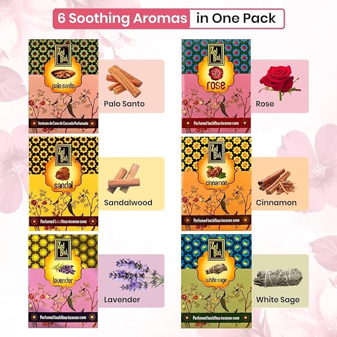 Backflow Incense Cones for Waterfall | 60 Cones 6 Scents | Palo Santo Sandalwood Lavender White Sage Rose Cinnamon | Natural Variety Pack for Aromatherapy, Meditation & Yoga Bloomnest
