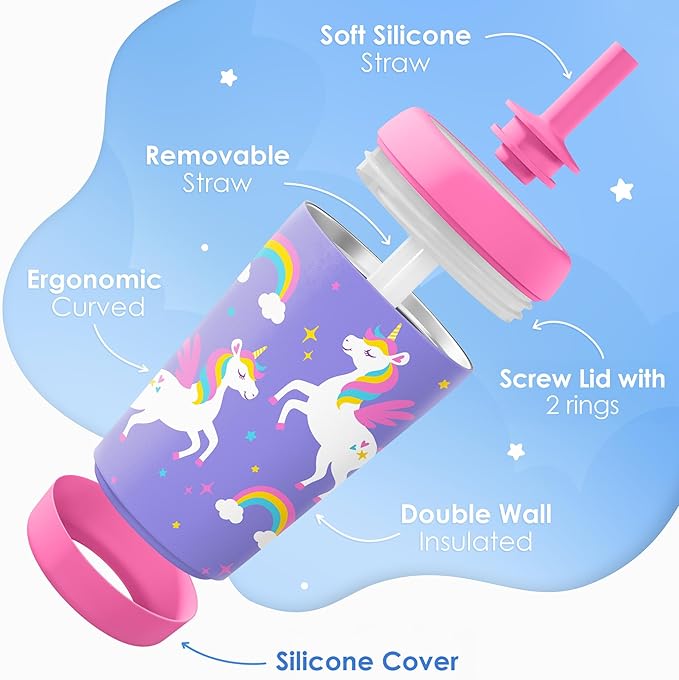 Kid Insulated Stainless Steel Tumbler with Silicone Straw, 12oz Sippy Cup for Kids (Unicorn) - Bloomnest