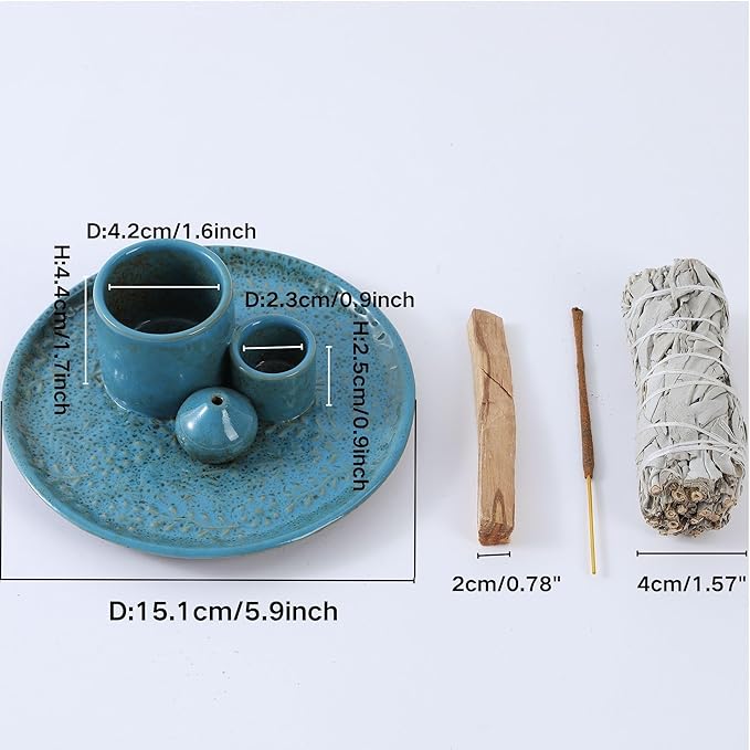 5 in 1 Incense Holder Burner, 5.9" Ceramic Holder for Burning Palo Santo Sage Candle and Incense Sticks Cones, Ash Catcher Tray for Meditation Room Home Décor(Blue) - Bloomnest