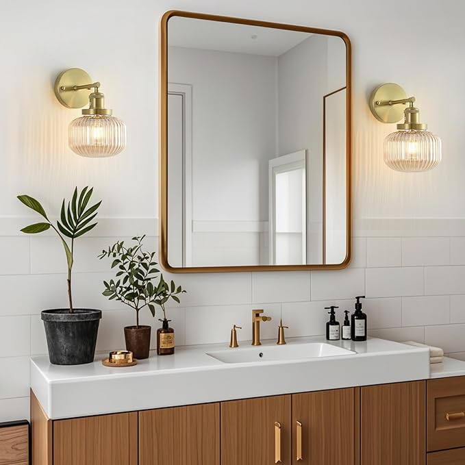 Vintage Wall Sconces with Amber Pumpkin Glass Lampshade, Indoor Bathroom Wall Sconce, Modern Gold Industrial Lighting Fixture for Mirror Living Room Hallway 2 Pack - Bloomnest