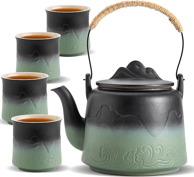 ZENS Vintage Japanese Tea Set with 4 Tea Cups, 33.8 oz Embossed Ceramic Loose Leaf Teapot with Built-in Strainers for Tea Steeper, Hemp Rope Handle Gradient Japanese Tea Pot for Tea Lovers Gifts - Bloomnest
