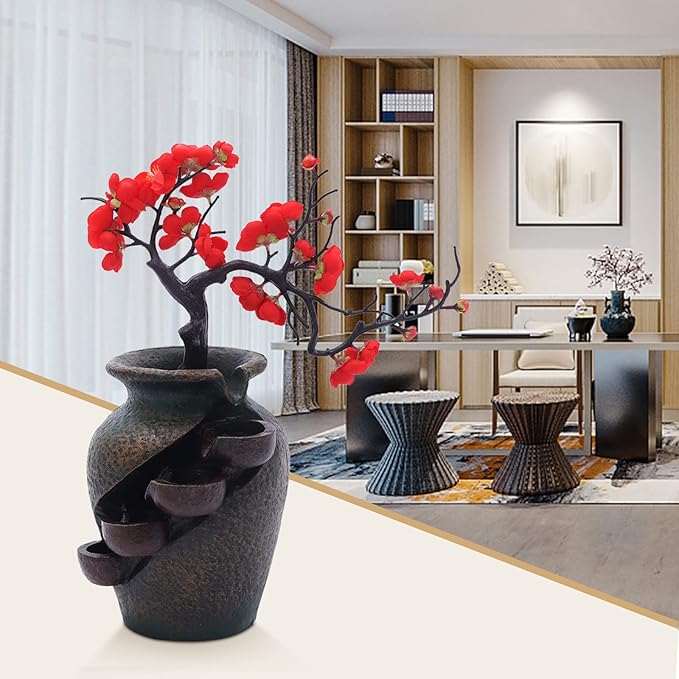 16" Flower Ornament Vase Decorative Bonsai Mini Tabletop Waterfall Fountain Indoor with Water Flow & Artificial Bouquet, Desktop Water Fountains Restaurant Coffee Home Decor or Festival Birthday Gift - Bloomnest